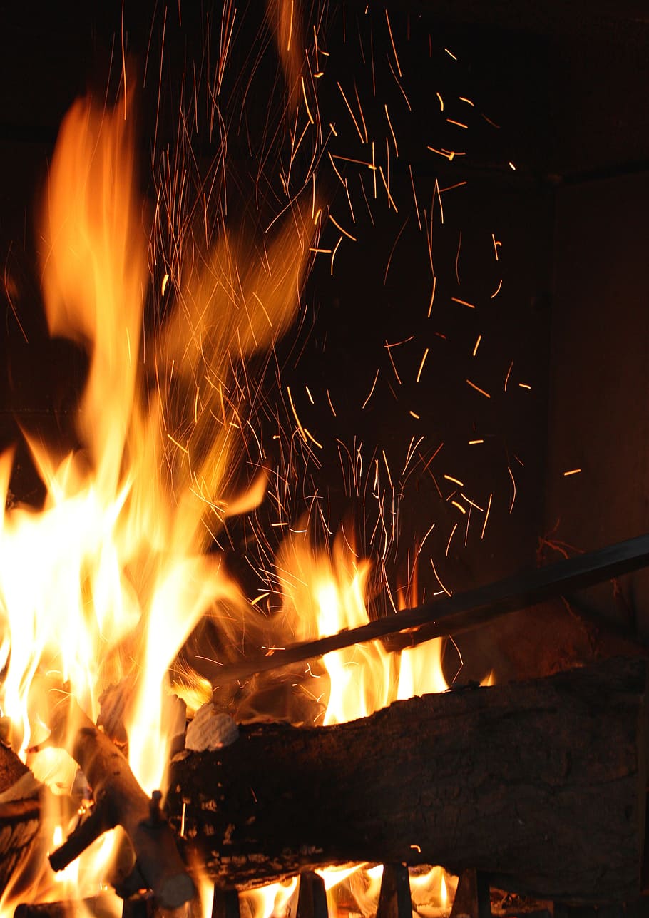 fire, fireplace, heat, light, sparks, poke, flames, burn, atmosphere HD wallpaper