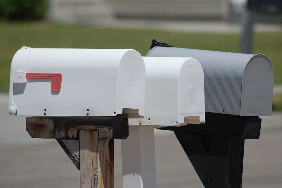 three mail boxes, mailbox, letter, postbox, outdoors, day, industry HD wallpaper