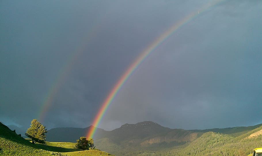 green mountain and trees with rainbow during daytime, double rainbow HD wallpaper