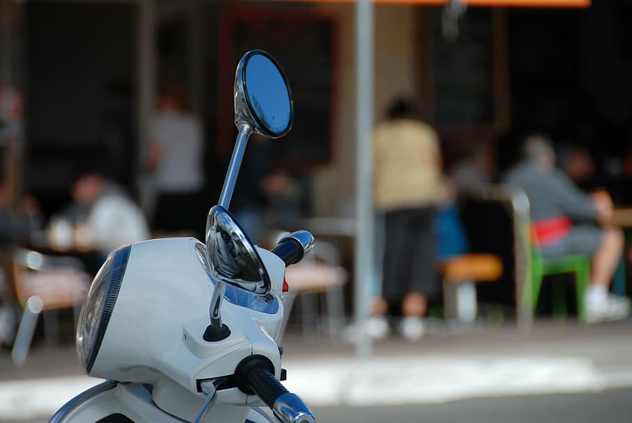 scooter, mirror, cafe, street, transportation, vehicle, white HD wallpaper