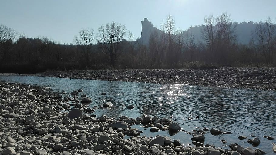 river, marecchia, landscape, water, rock, solid, tree, beauty in nature HD wallpaper