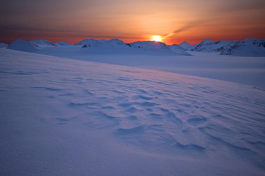 mountain covered with snow at sunset, sunrise, harding ice fields HD wallpaper