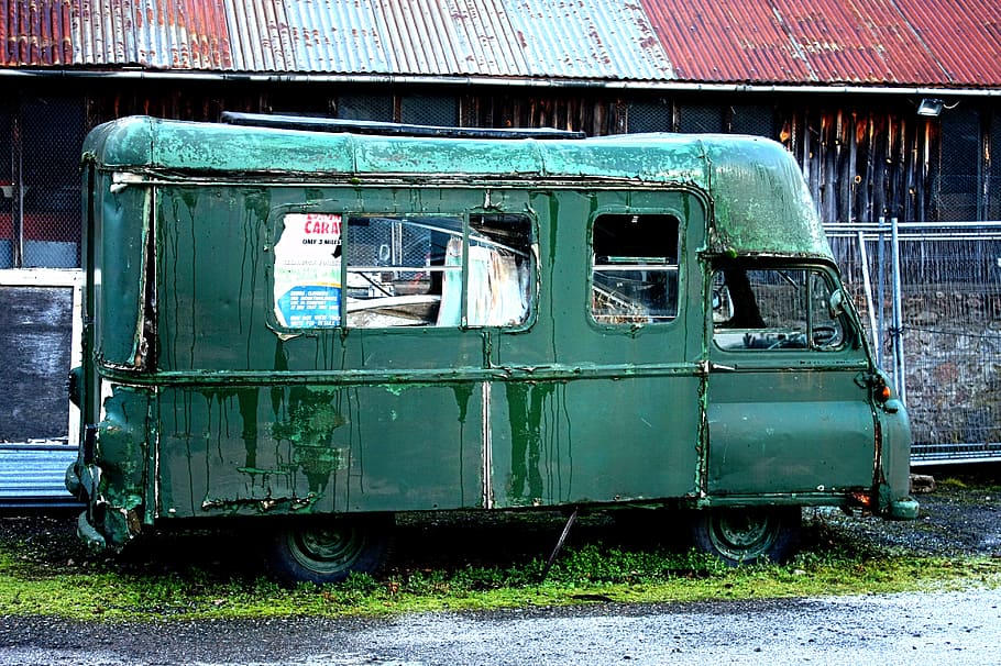 van, scrap metal, old, junk, rusty, broken, abandoned, wreck