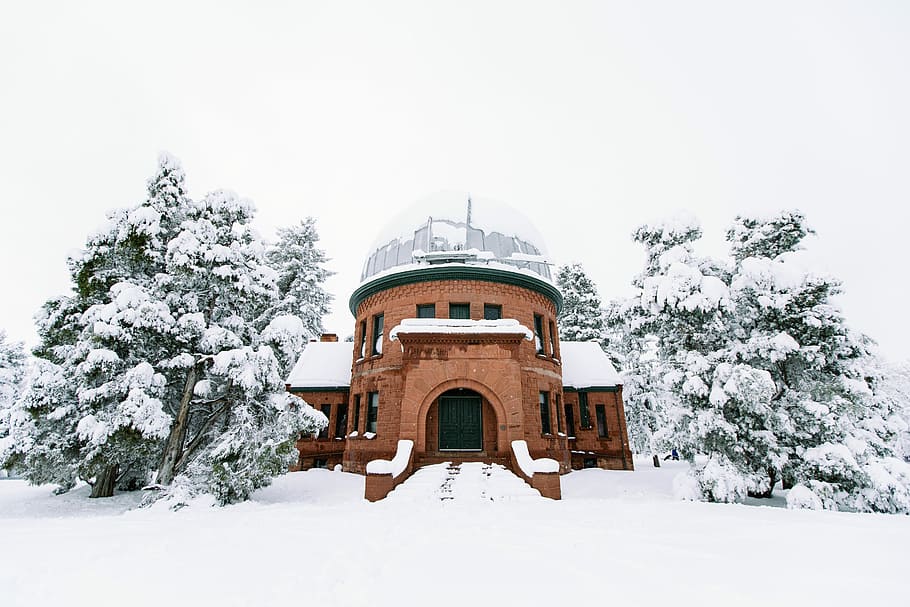 brown concrete building between trees, brown concrete house covered snow HD wallpaper