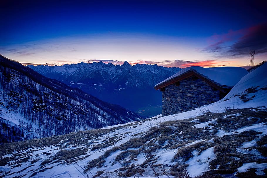 blue, sky, clouds, house, peak, summit, mountain, valley, ridge HD wallpaper