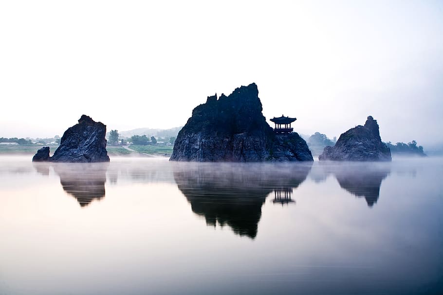 section, water, lake, sky, fog, rock, cloud, oriental, cultural property HD wallpaper