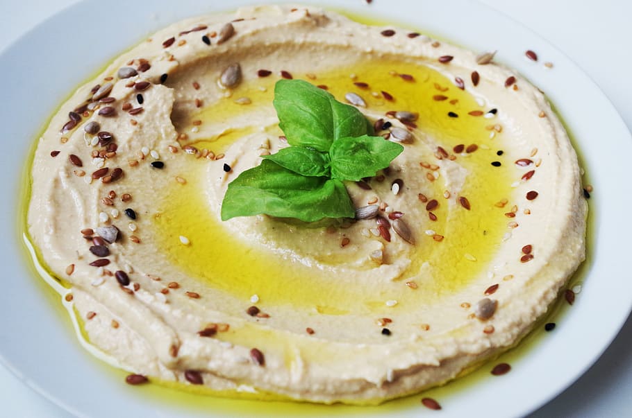 white cream and green leaf, hummus, meal, chickpeas, paste HD wallpaper