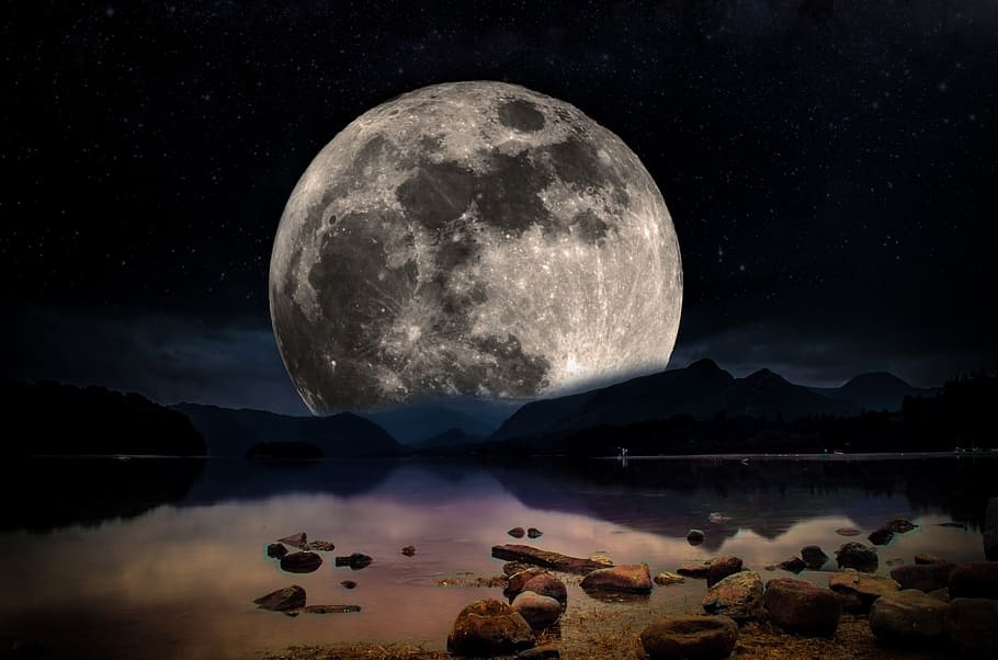 full moon during night time, landscape, sky, stars, lake, water