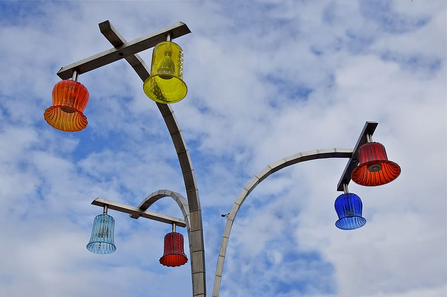 vienna, austria, lights, colored, sky, clouds, pole, outside HD wallpaper