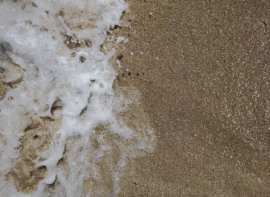 aerial view of ocean wave, sand, splash, foam, sea, water, closeup HD wallpaper