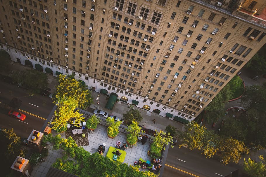 brown and white concrete building, facade, aerial, view, from above HD wallpaper