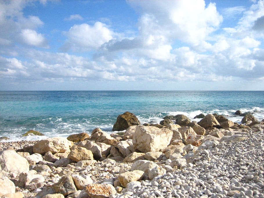 Beach, Coast, Sea, Rock, Ocean, Stones, spain, pebble, horizon over water HD wallpaper