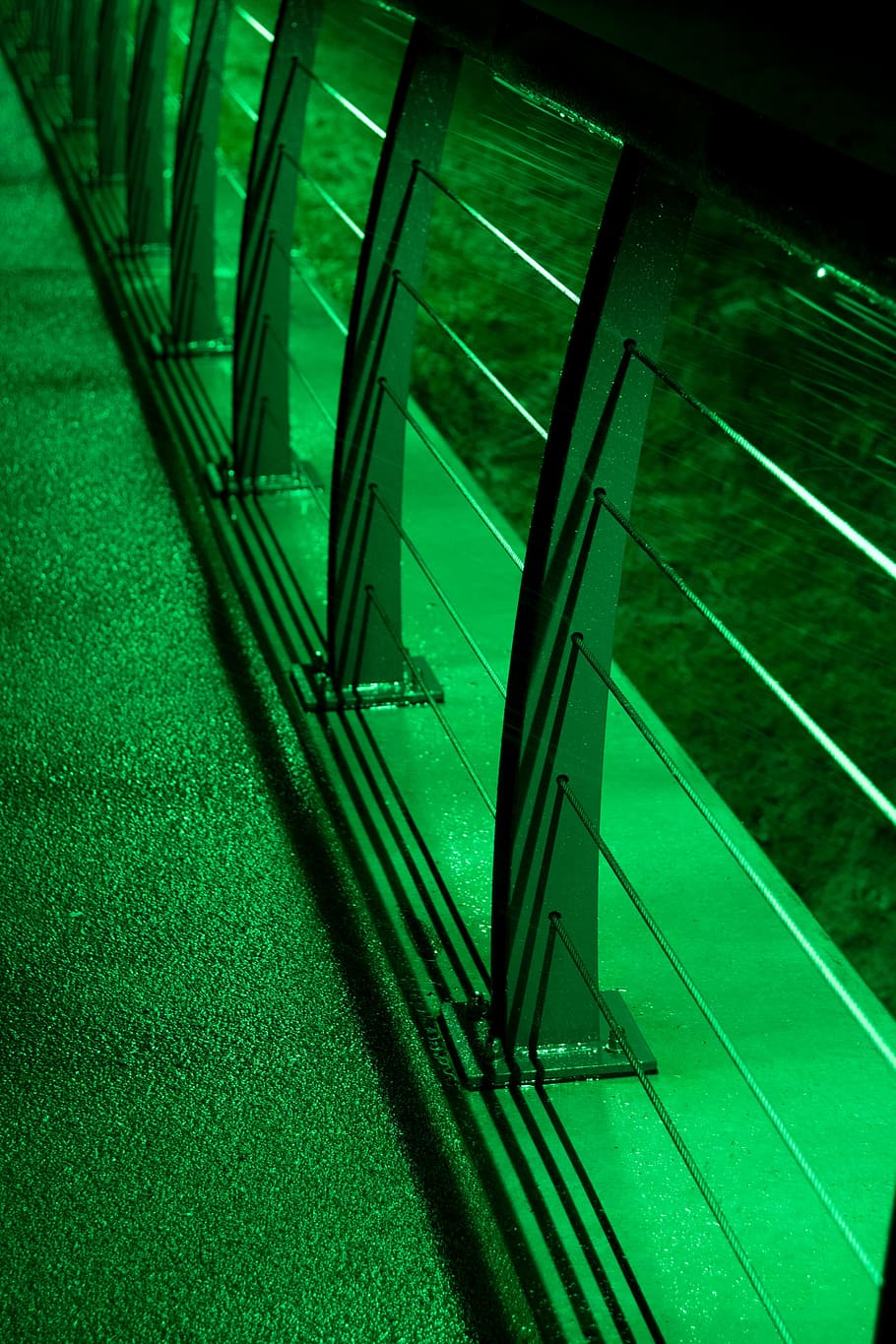 bridge, dark, lighting, green, street, railing, repetition HD wallpaper