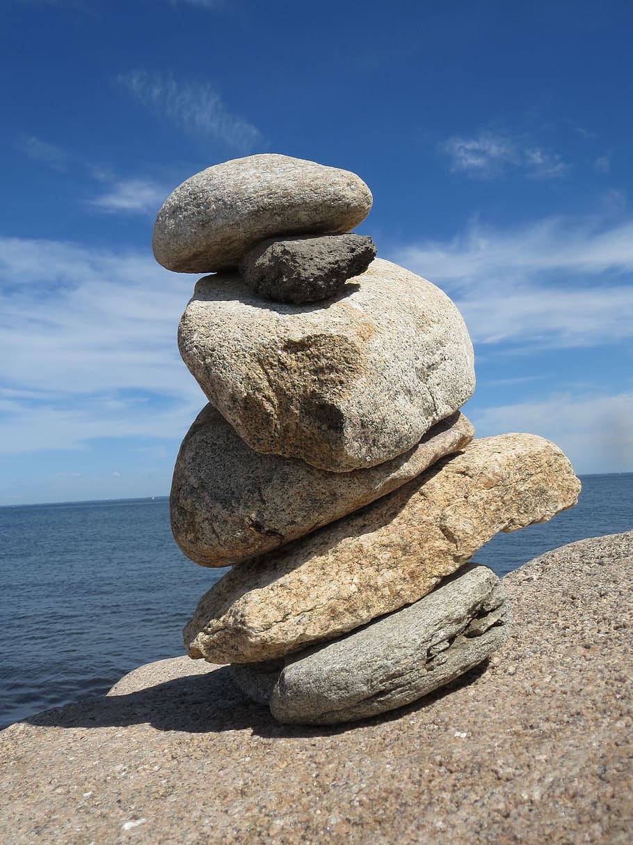 stack of stone near beach, balance, rocks, sky, summer, ocean HD wallpaper