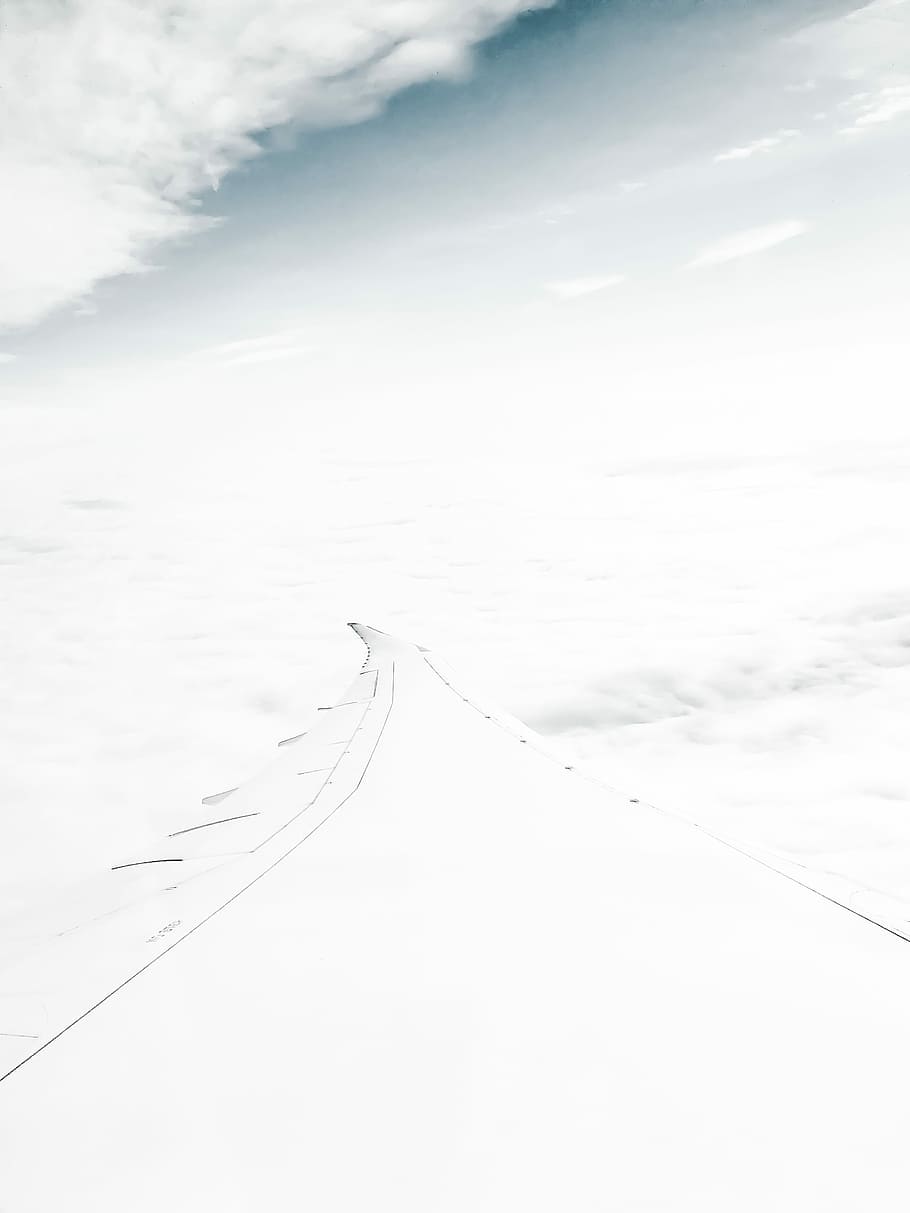 pathway between clouds, airplane wing under cumulus clouds, flying HD wallpaper