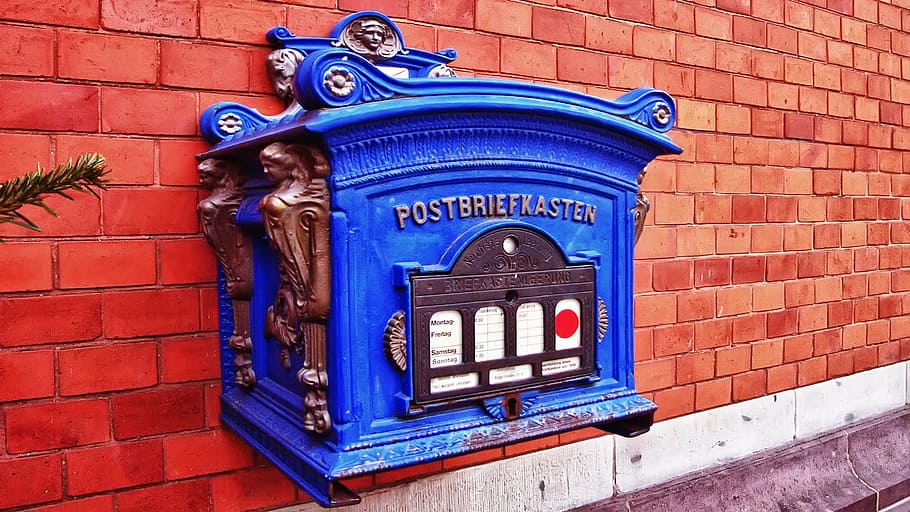 mailbox, post, blue, blacksmithing, architecture, wall, brick HD wallpaper