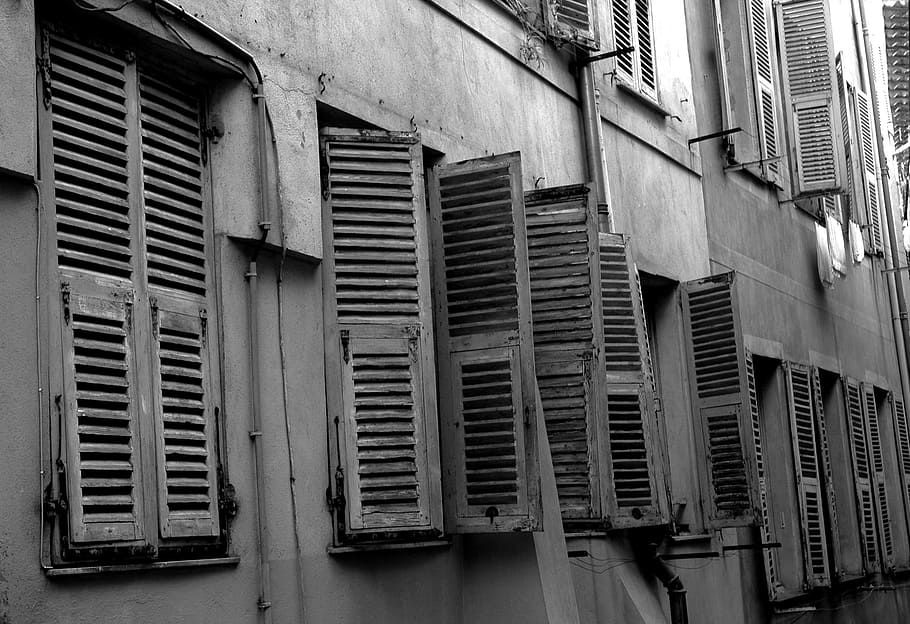 grayscale photography of open windows, nice, old town, city HD wallpaper