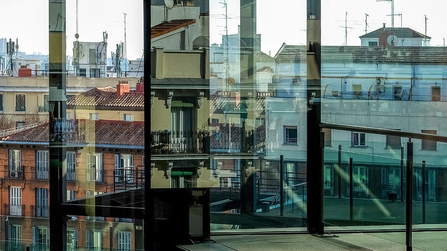 glass, reflection, architecture, modern, madrid, building exterior HD wallpaper
