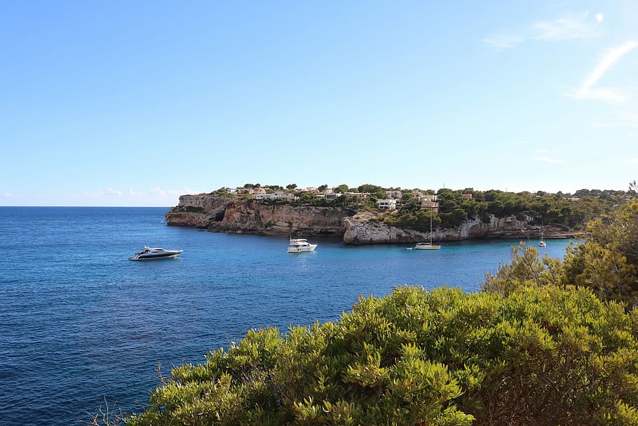 Mallorca, Booked, Coast, Sea, Rock, nature, sailing boat, holiday HD wallpaper