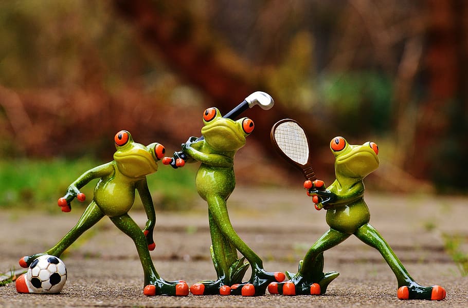 depth of field photo of three frog figurines, frogs, athletes