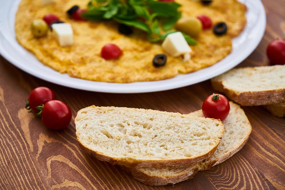 omelet, egg, breakfast, bread, tomato, food photo, nutrition HD wallpaper