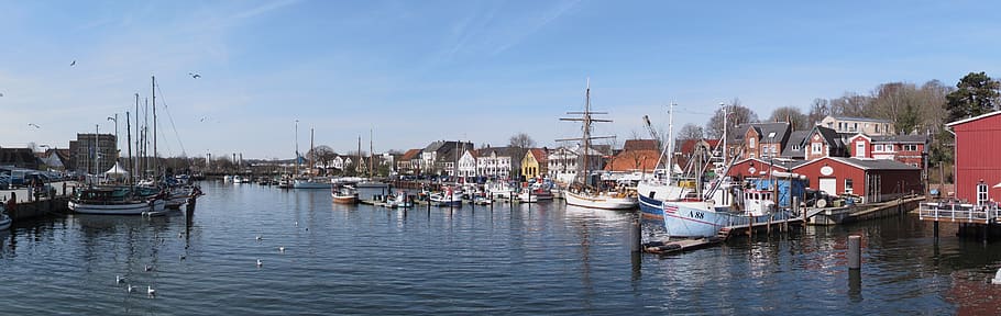waters, panorama, panoramic image, boat, port, eckernförde HD wallpaper