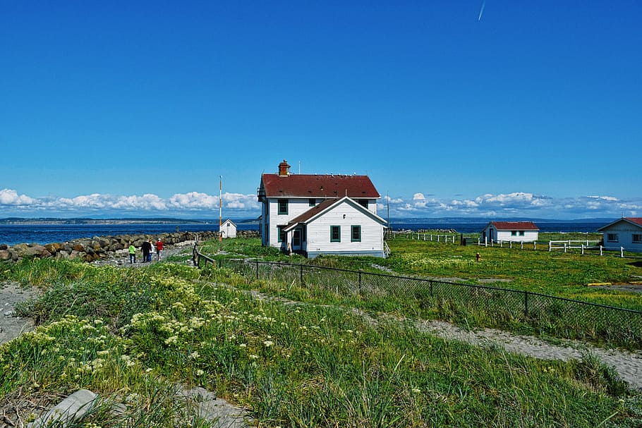 lighthouse, blue sky, nature, coast, ocean, landmark, sea, nautical HD wallpaper