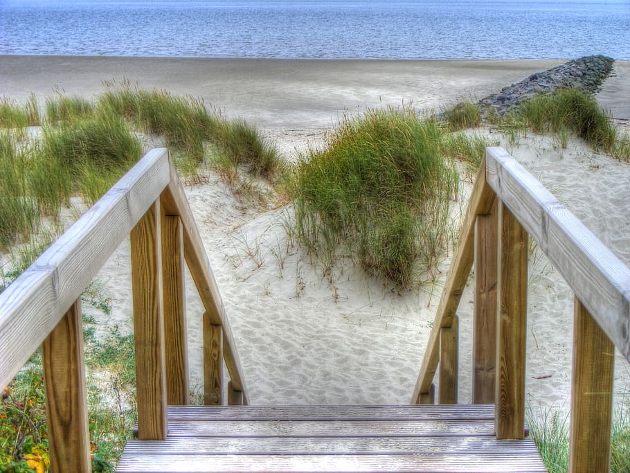 brown wooden stairs on seashore, sand, dunes, beach, traces, wind