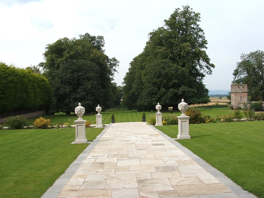 lawn, pathway, pillars, trees, grass, rowton castle, england HD wallpaper