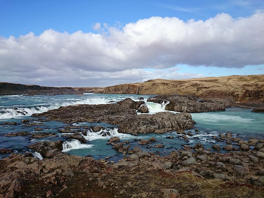 iceland, river, landscape, water, cloud - sky, rock, rock - object HD wallpaper