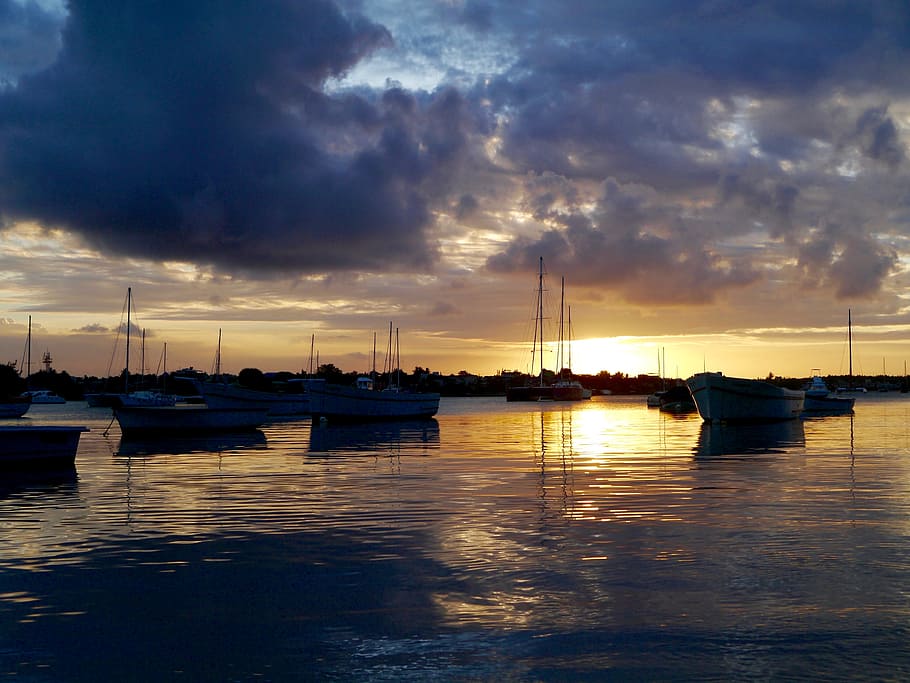 HD wallpaper: mauritius, port, sunset, sea, boats, mood, evening ...