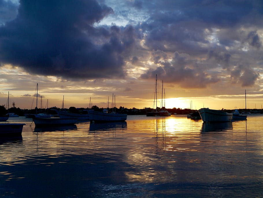 mauritius, port, sunset, sea, boats, mood, evening, twilight HD wallpaper
