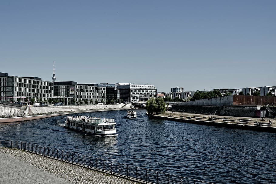 spreebogen, berlin, tv tower, capital, boat trip, river, architecture HD wallpaper