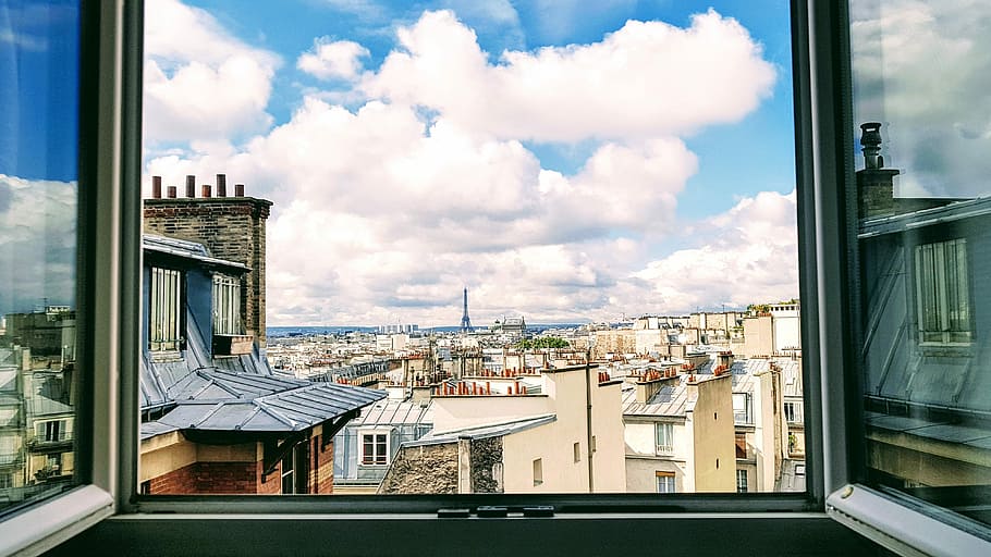 city building illustration during day time, photo of opened window building HD wallpaper