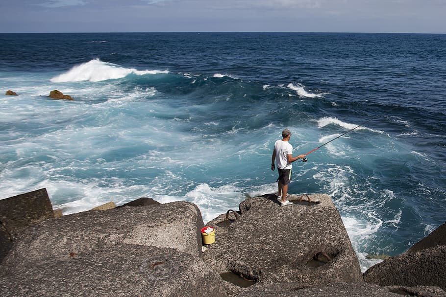 Sea, Surf, Angler, Water, Rock, Ocean, wave, men, people, outdoors HD wallpaper