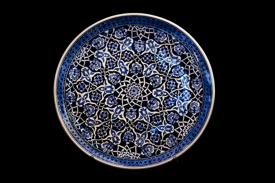 round blue floral tray, Tile, Handicrafts, Plate, increased HD wallpaper