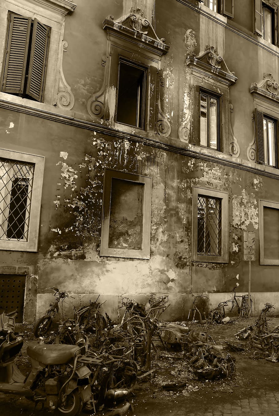 rome, burned, rose, facade, black And White, old, building exterior HD wallpaper