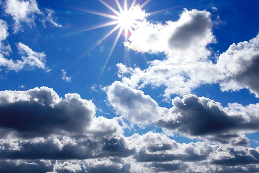 white clouds, sun, star, light, bright, sky, blue sky, cloudy sky HD wallpaper