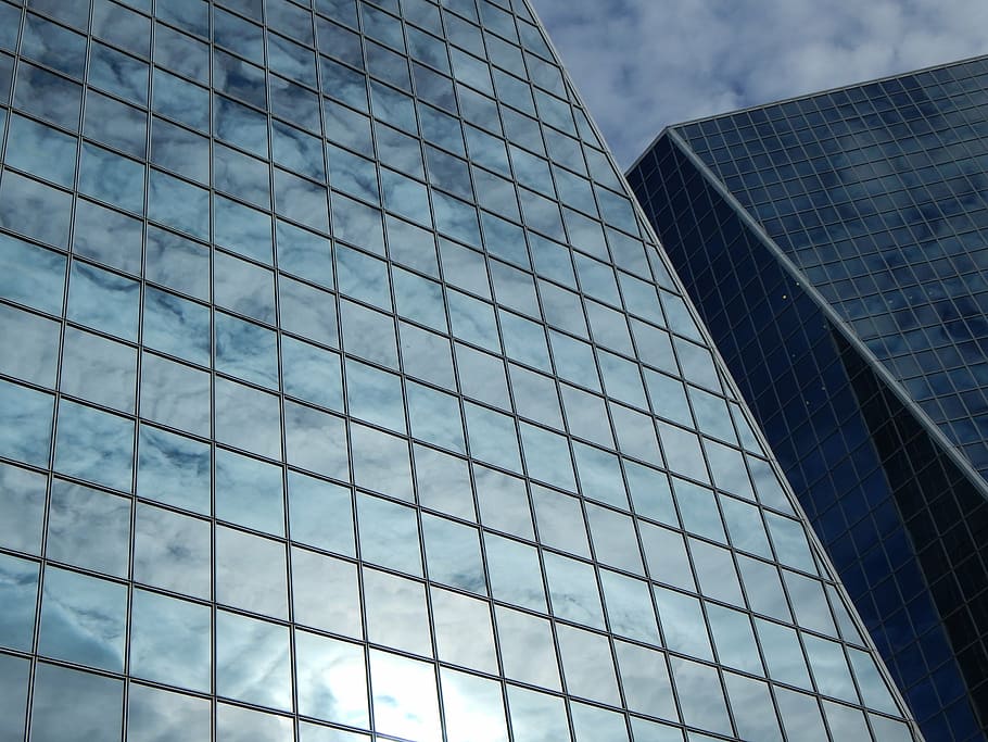 sun and clouds reflection on buildingh, buildings, glass, windows HD wallpaper