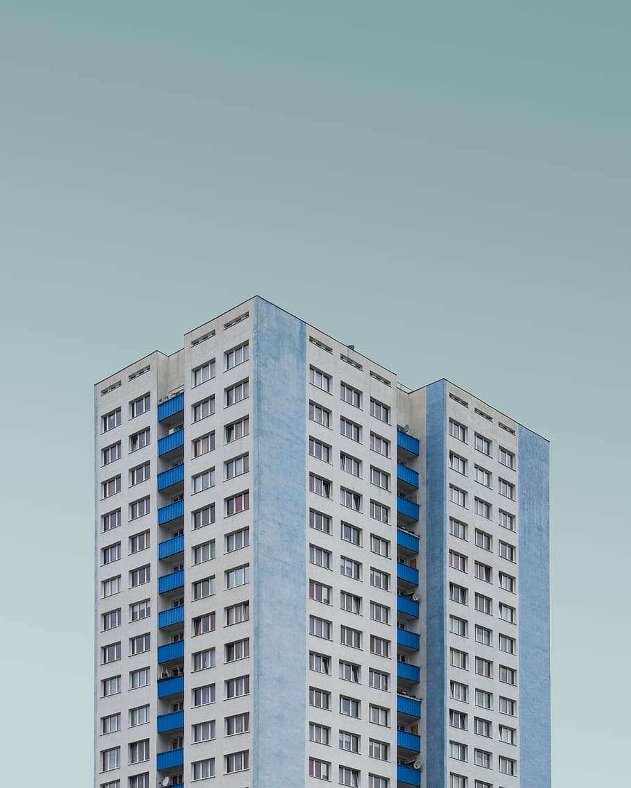 white and blue concrete high rise building, gray concrete high-rise building HD wallpaper
