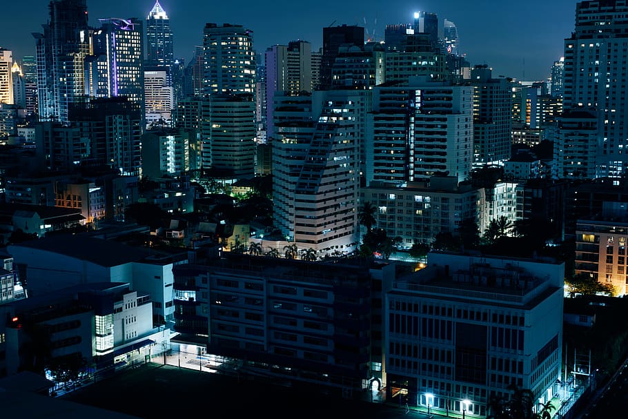 aerial photography of city escape during night, aerial photograph of cityscape at night HD wallpaper
