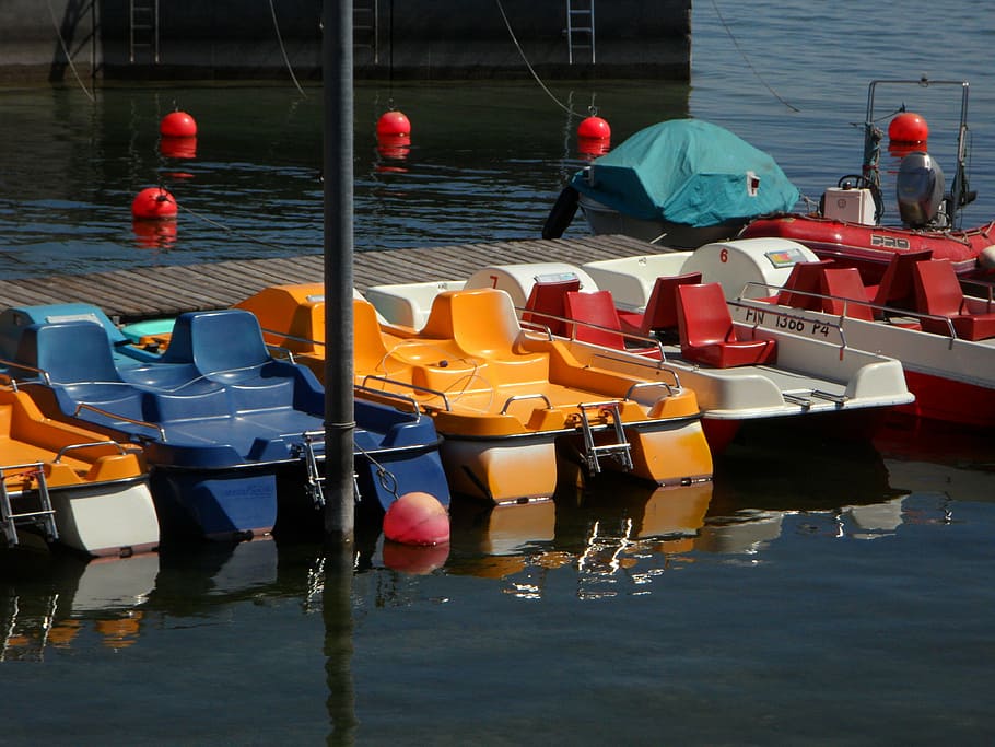 pedal boats, pedal boat rentals, color, lake constance, colorful