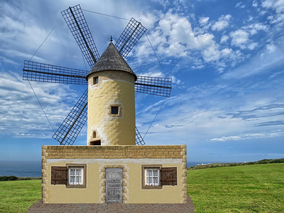 windmill, clouds, sky, old windmill, landscape, wing, flour mill HD wallpaper