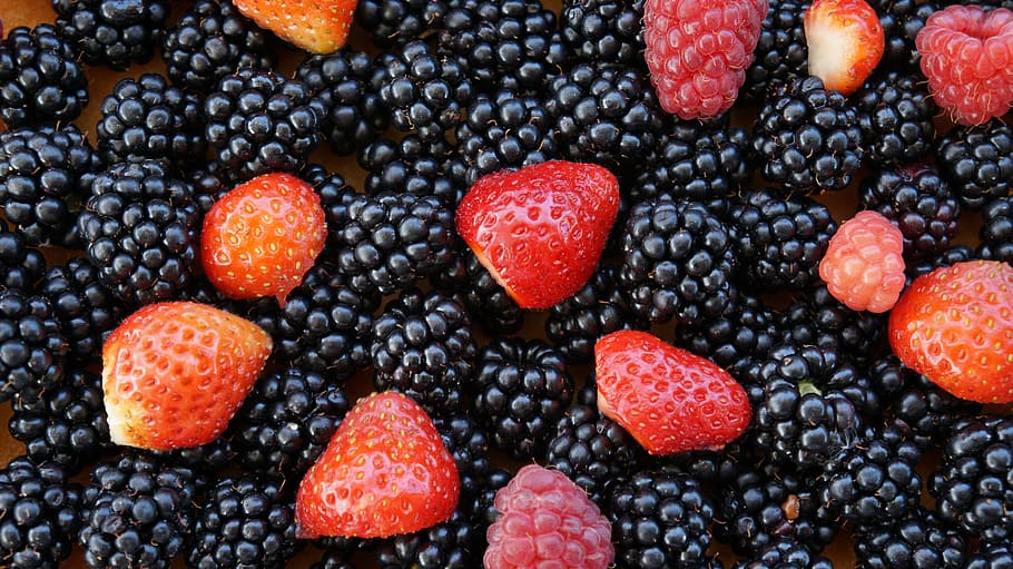 blackberries, strawberries, soft fruit, raspberries, summer HD wallpaper
