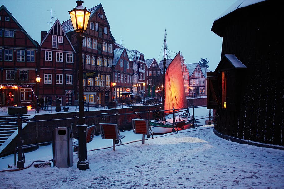 stade, old port, winter, abendstimmung, snow, architecture, HD wallpaper