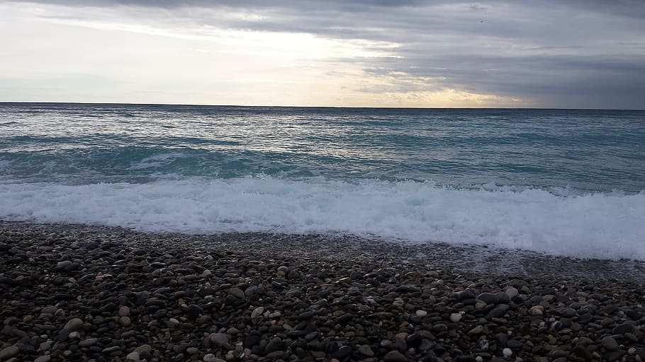 sea, mediterranean, wave, clouds, blue, sky, nice, water, beach HD wallpaper
