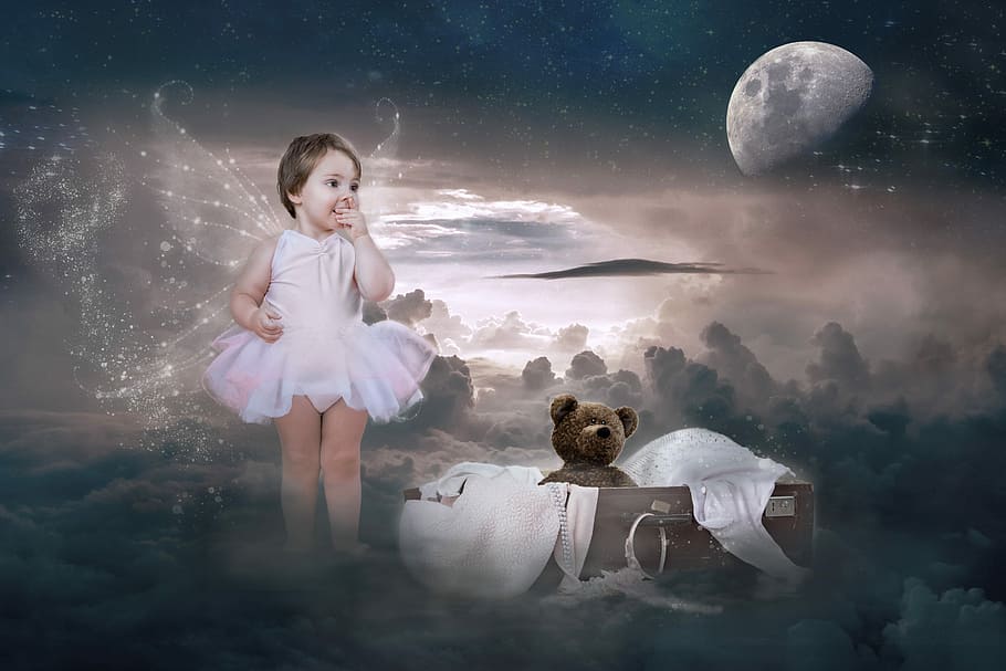 people, moon, fantasy, clouds, sky, angel, childhood, digital composite HD wallpaper