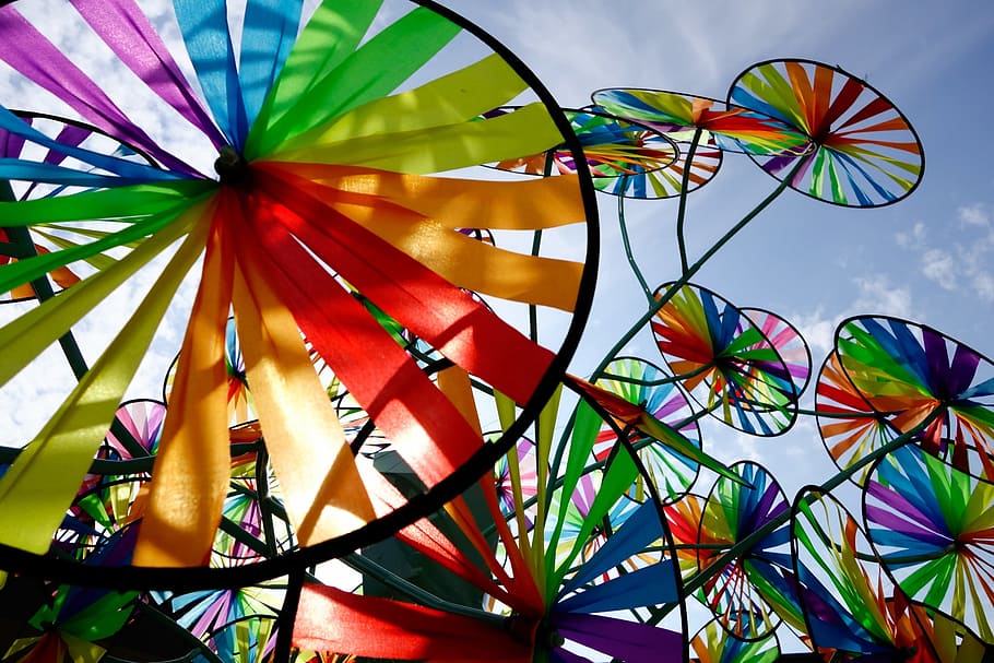 black and multicolored pinwheels, wind, sky, colorful, windmill HD wallpaper