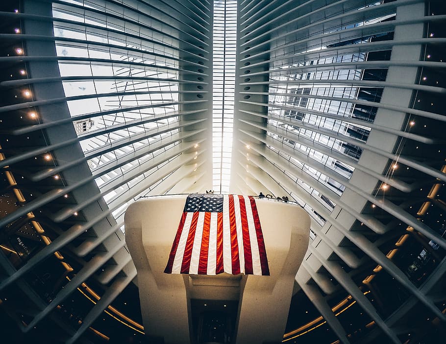 USA flag, american flag, architecture, building, ceiling, perspective HD wallpaper