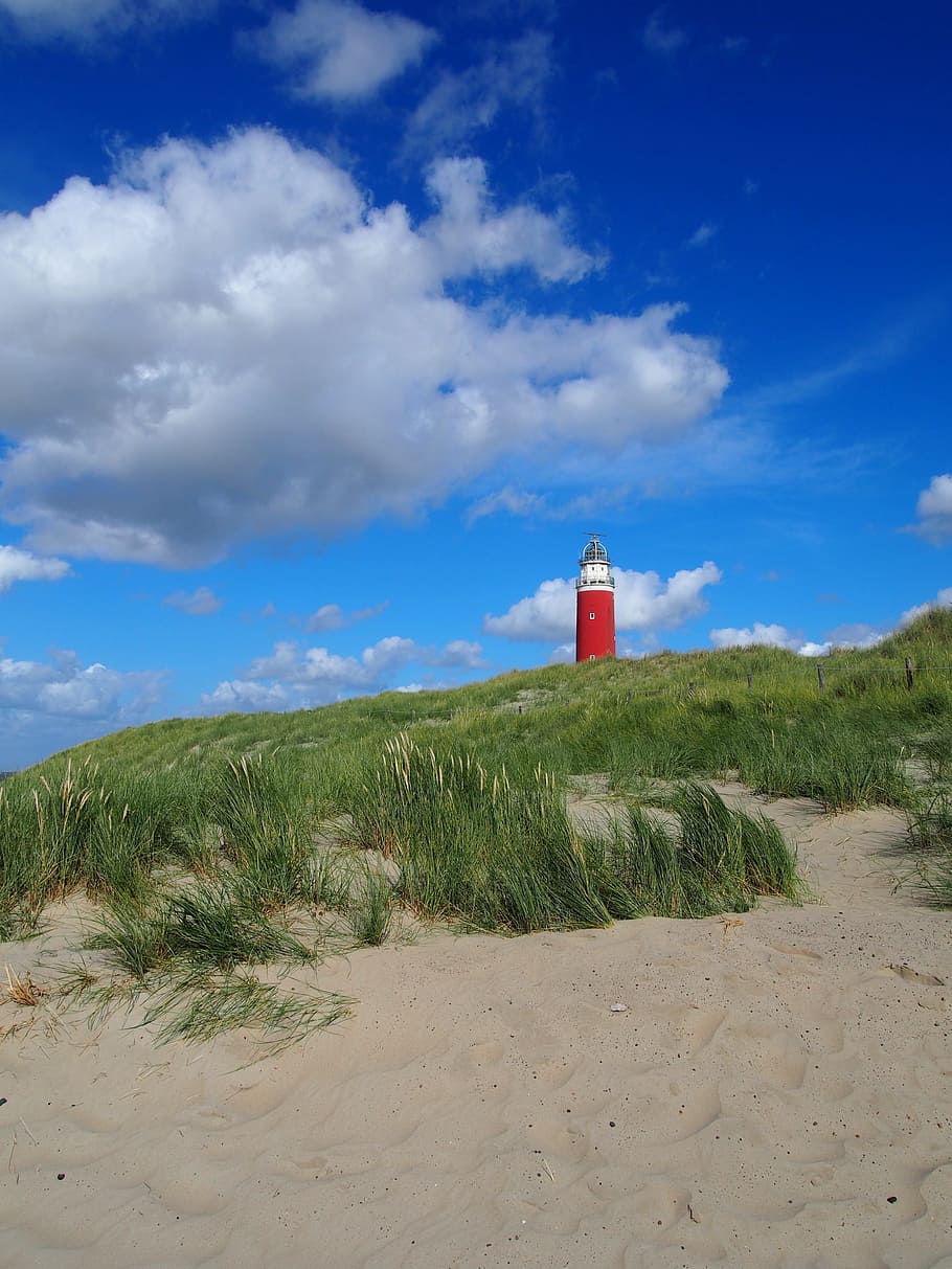 lighthouse, beach, clouds, coast, coastline, sand, nature, sky HD wallpaper